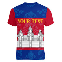 Personalised Cambodia Women V Neck T Shirt With Simple Flag Style - Wonder Print Shop