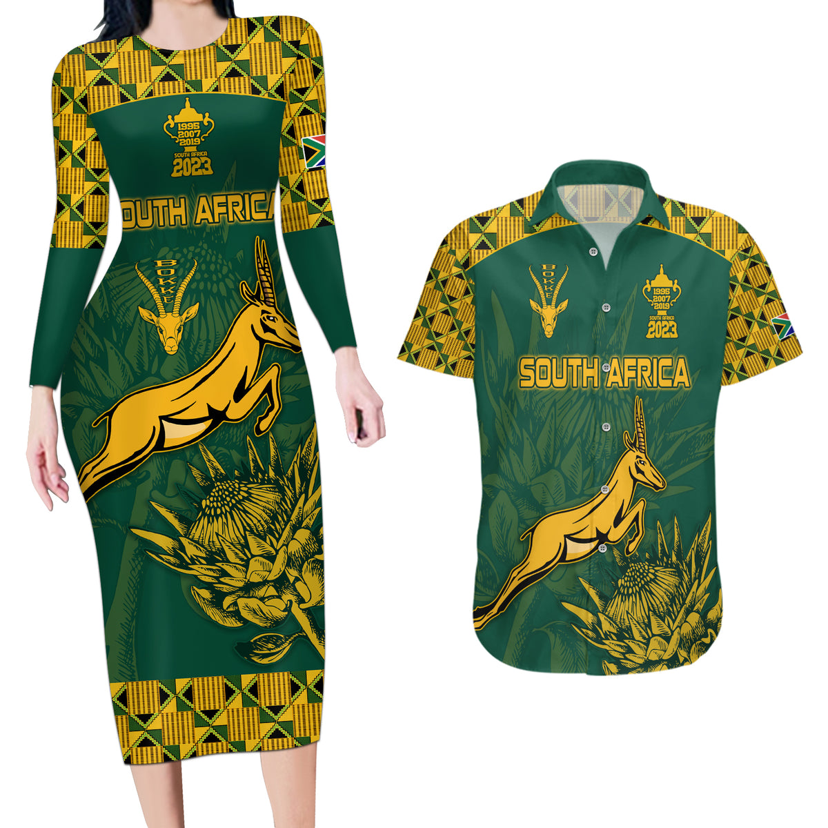 Custom South Africa Rugby Couples Matching Long Sleeve Bodycon Dress and Hawaiian Shirt Springboks Proud The Champions No2 LT9 - Wonder Print Shop