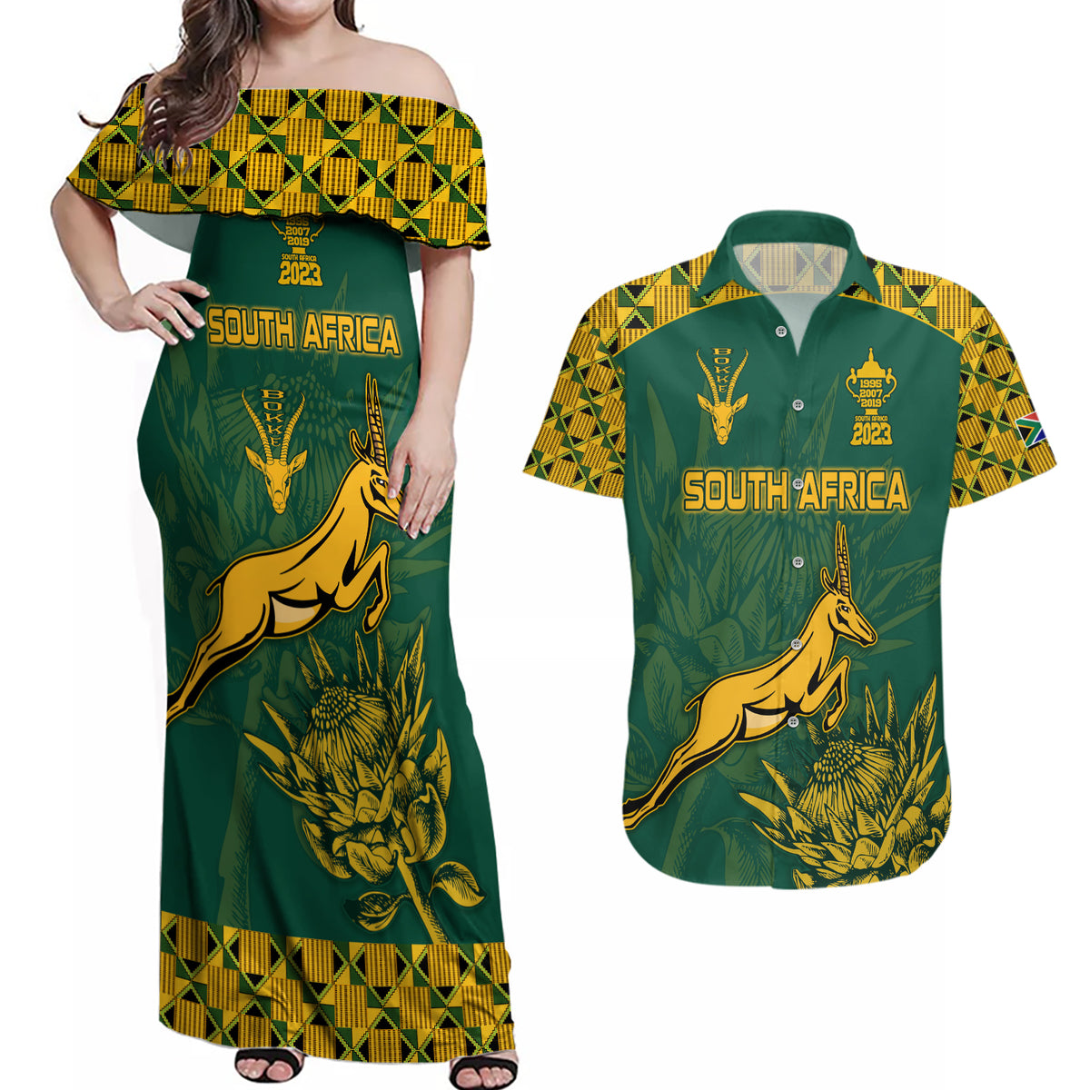 Custom South Africa Rugby Couples Matching Off Shoulder Maxi Dress and Hawaiian Shirt Springboks Proud The Champions No2 LT9 - Wonder Print Shop