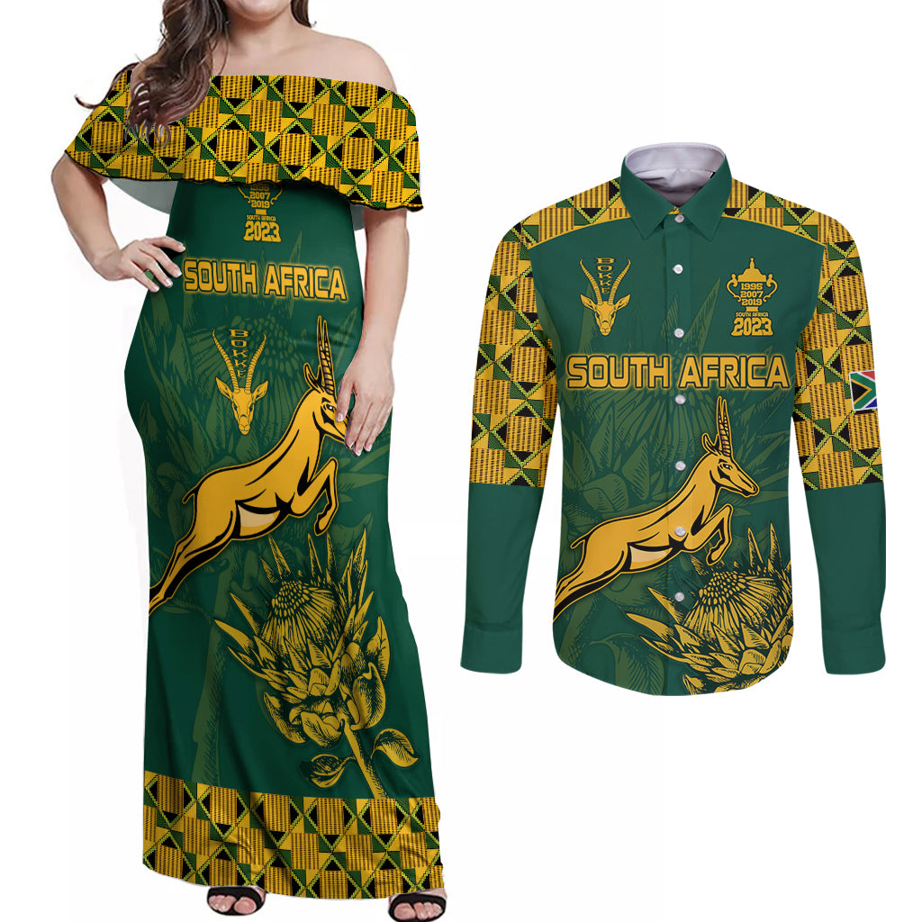 Custom South Africa Rugby Couples Matching Off Shoulder Maxi Dress and Long Sleeve Button Shirt Springboks Proud The Champions No2 LT9 - Wonder Print Shop