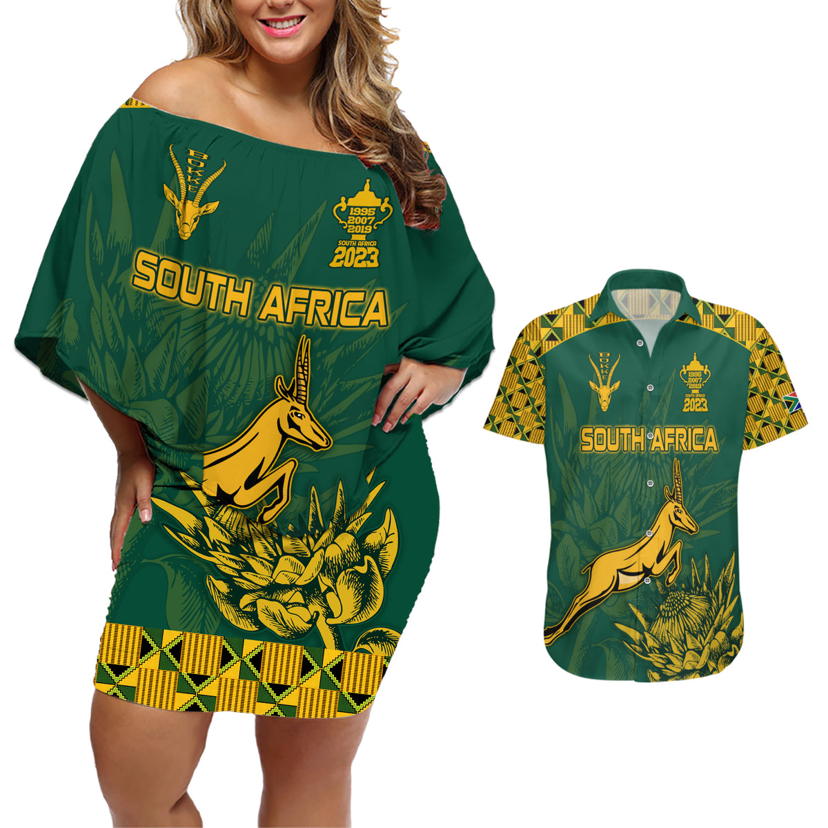 Custom South Africa Rugby Couples Matching Off Shoulder Short Dress and Hawaiian Shirt Springboks Proud The Champions No2 LT9 - Wonder Print Shop