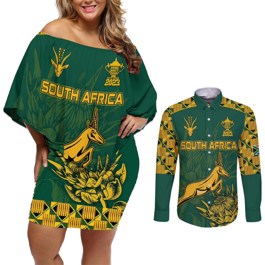 Custom South Africa Rugby Couples Matching Off Shoulder Short Dress and Long Sleeve Button Shirt Springboks Proud The Champions No2 LT9 - Wonder Print Shop