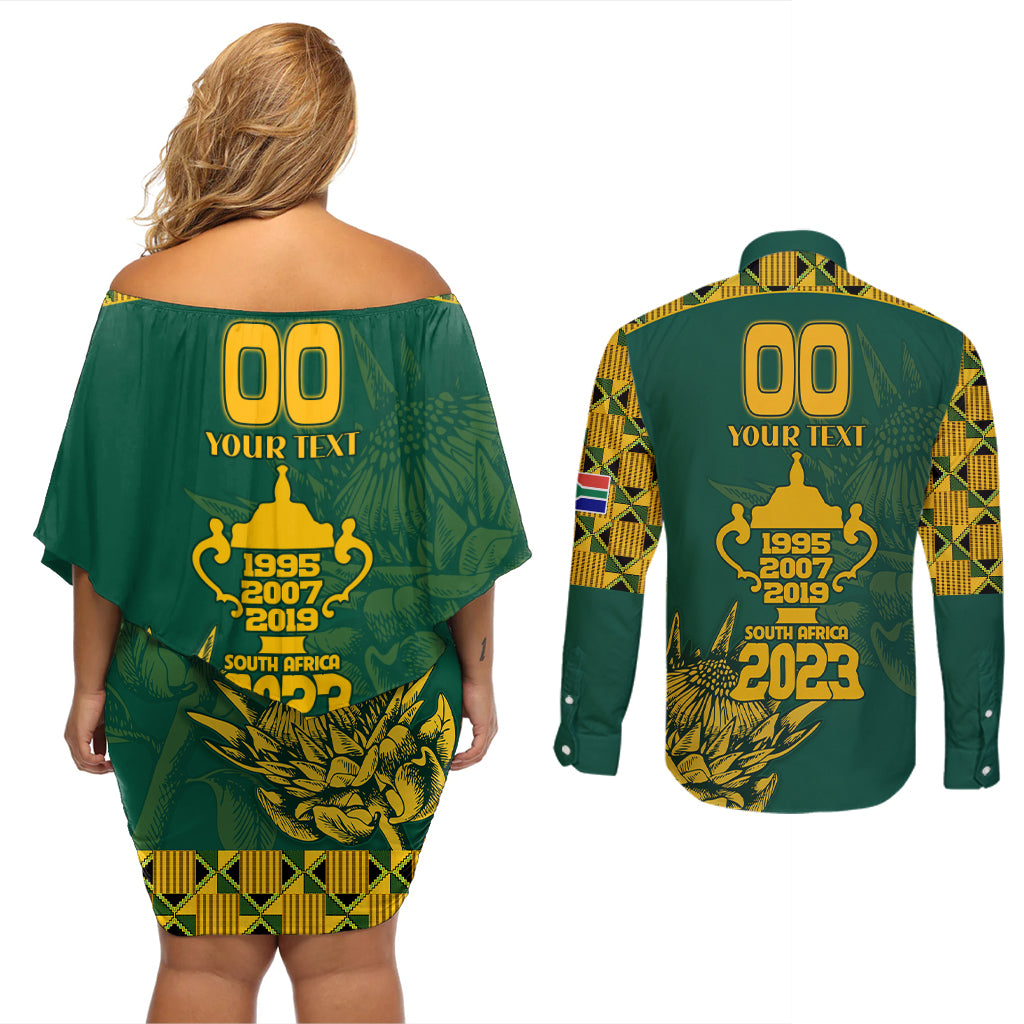 Custom South Africa Rugby Couples Matching Off Shoulder Short Dress and Long Sleeve Button Shirt Springboks Proud The Champions No2 LT9 - Wonder Print Shop