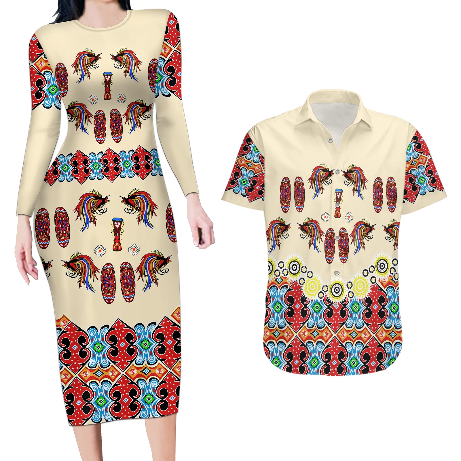 Papua Batik Motif Bird Of Paradise and Native Papuan Shield Couples Matching Long Sleeve Bodycon Dress and Hawaiian Shirt LT9 - Wonder Print Shop