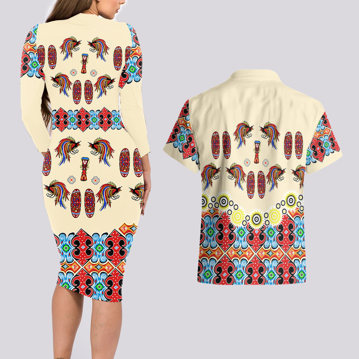 Papua Batik Motif Bird Of Paradise and Native Papuan Shield Couples Matching Long Sleeve Bodycon Dress and Hawaiian Shirt LT9 - Wonder Print Shop