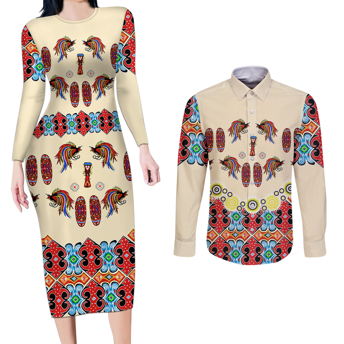 Papua Batik Motif Bird Of Paradise and Native Papuan Shield Couples Matching Long Sleeve Bodycon Dress and Long Sleeve Button Shirt LT9 - Wonder Print Shop