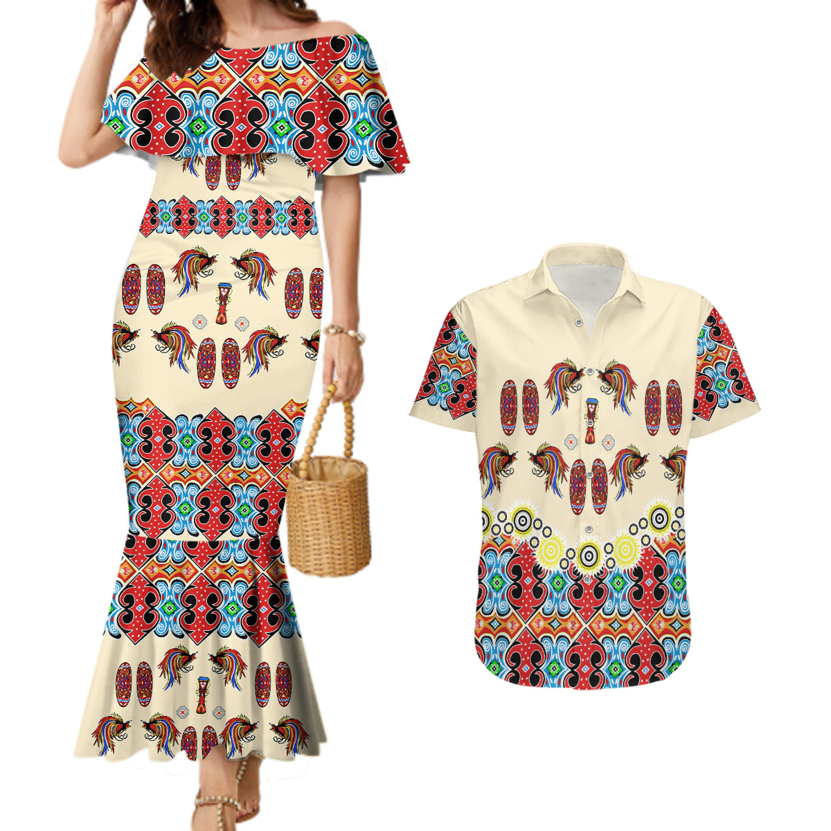 Papua Batik Motif Bird Of Paradise and Native Papuan Shield Couples Matching Mermaid Dress and Hawaiian Shirt LT9 - Wonder Print Shop