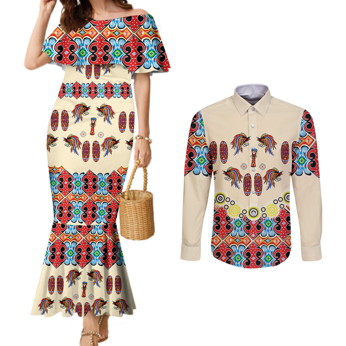 papua-batik-motif-bird-of-paradise-and-native-papuan-shield-couples-matching-mermaid-dress-and-long-sleeve-button-shirt
