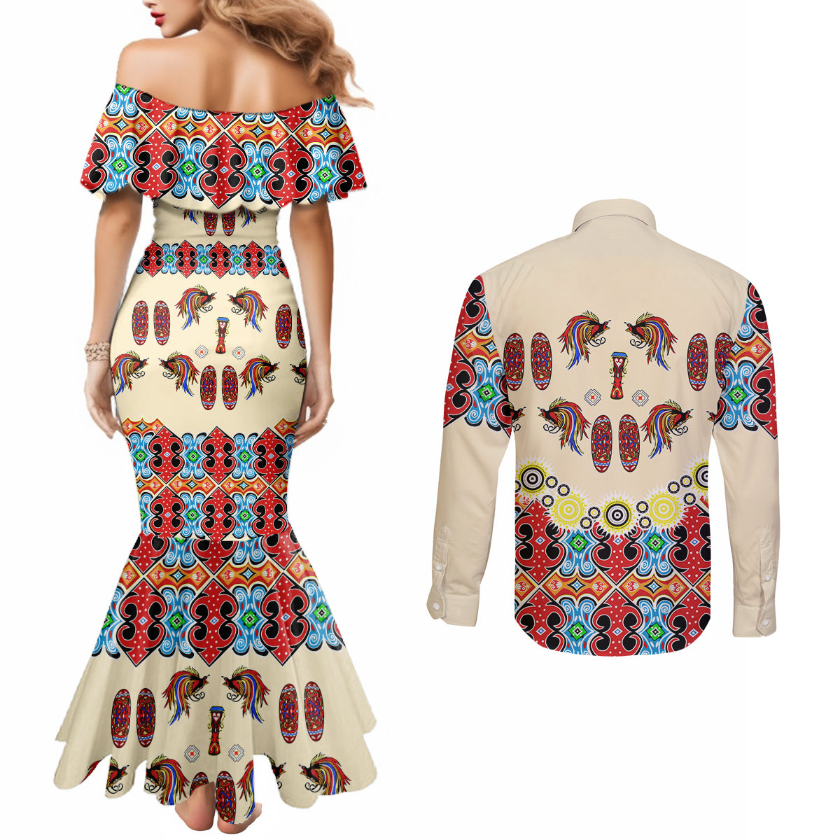 papua-batik-motif-bird-of-paradise-and-native-papuan-shield-couples-matching-mermaid-dress-and-long-sleeve-button-shirt
