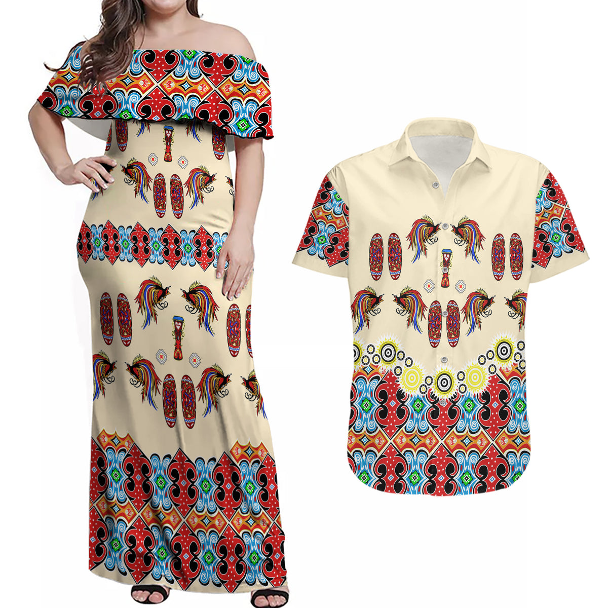 Papua Batik Motif Bird Of Paradise and Native Papuan Shield Couples Matching Off Shoulder Maxi Dress and Hawaiian Shirt LT9 - Wonder Print Shop