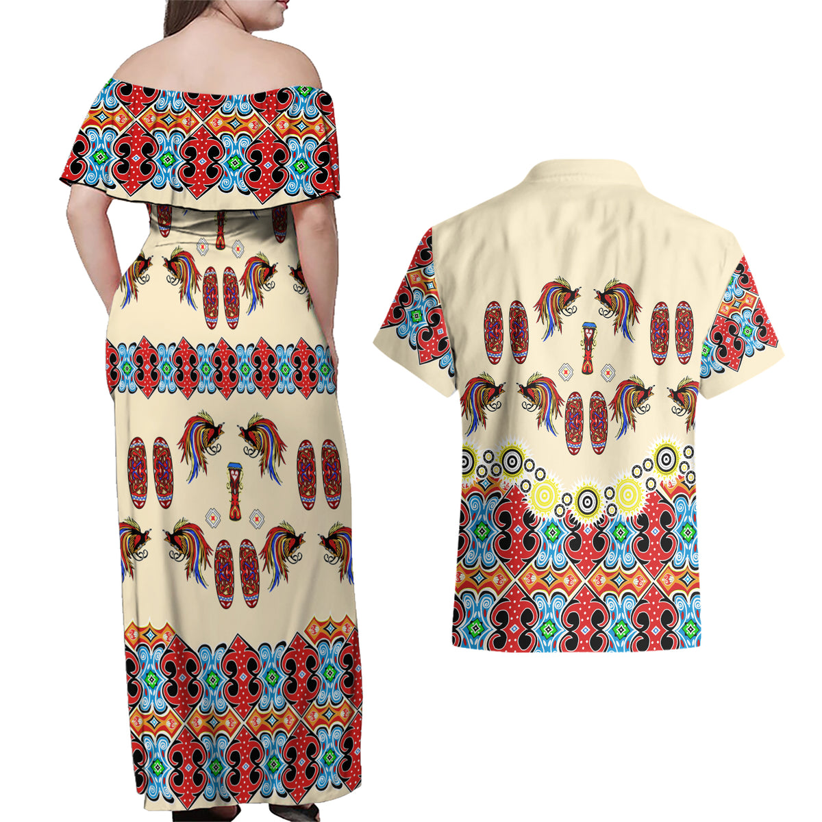 Papua Batik Motif Bird Of Paradise and Native Papuan Shield Couples Matching Off Shoulder Maxi Dress and Hawaiian Shirt LT9 - Wonder Print Shop
