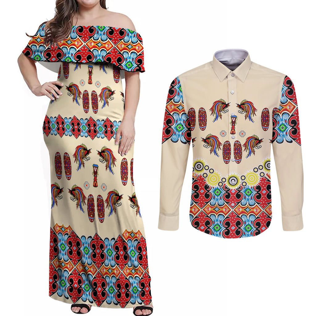 Papua Batik Motif Bird Of Paradise and Native Papuan Shield Couples Matching Off Shoulder Maxi Dress and Long Sleeve Button Shirt LT9 - Wonder Print Shop