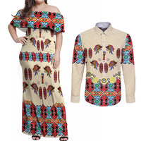 Papua Batik Motif Bird Of Paradise and Native Papuan Shield Couples Matching Off Shoulder Maxi Dress and Long Sleeve Button Shirt LT9 - Wonder Print Shop