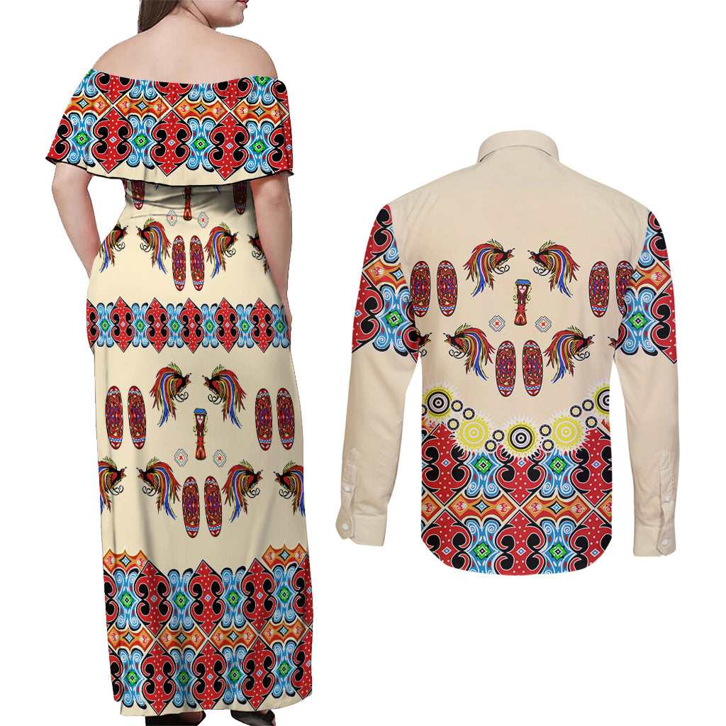 Papua Batik Motif Bird Of Paradise and Native Papuan Shield Couples Matching Off Shoulder Maxi Dress and Long Sleeve Button Shirt LT9 - Wonder Print Shop