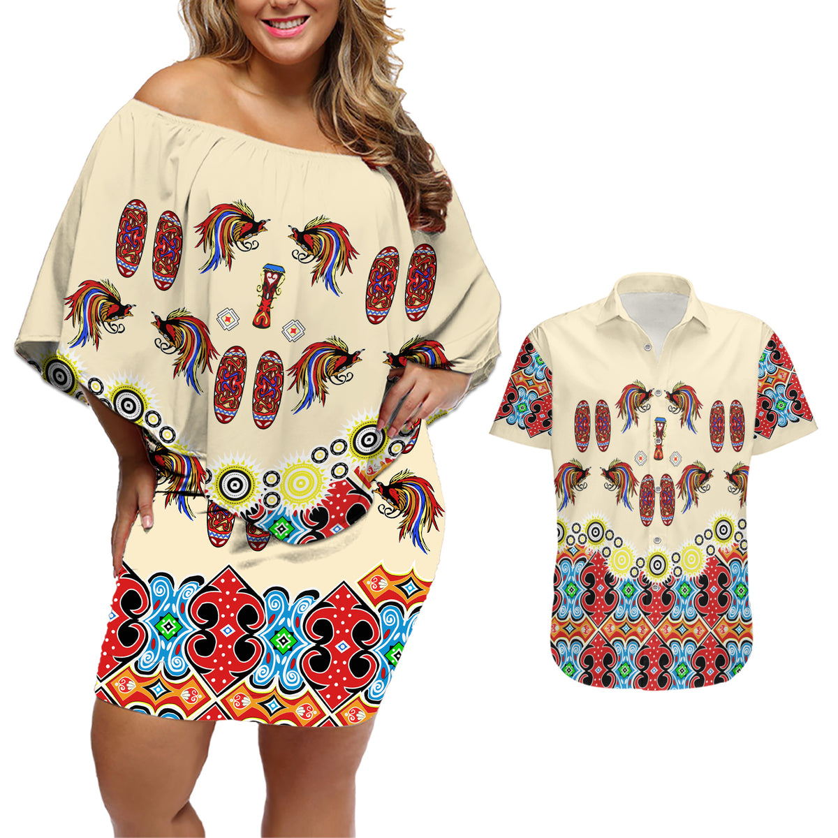 Papua Batik Motif Bird Of Paradise and Native Papuan Shield Couples Matching Off Shoulder Short Dress and Hawaiian Shirt LT9 - Wonder Print Shop