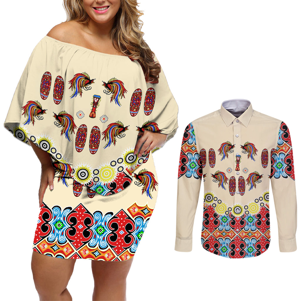 Papua Batik Motif Bird Of Paradise and Native Papuan Shield Couples Matching Off Shoulder Short Dress and Long Sleeve Button Shirt LT9 - Wonder Print Shop