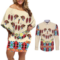 Papua Batik Motif Bird Of Paradise and Native Papuan Shield Couples Matching Off Shoulder Short Dress and Long Sleeve Button Shirt LT9 - Wonder Print Shop