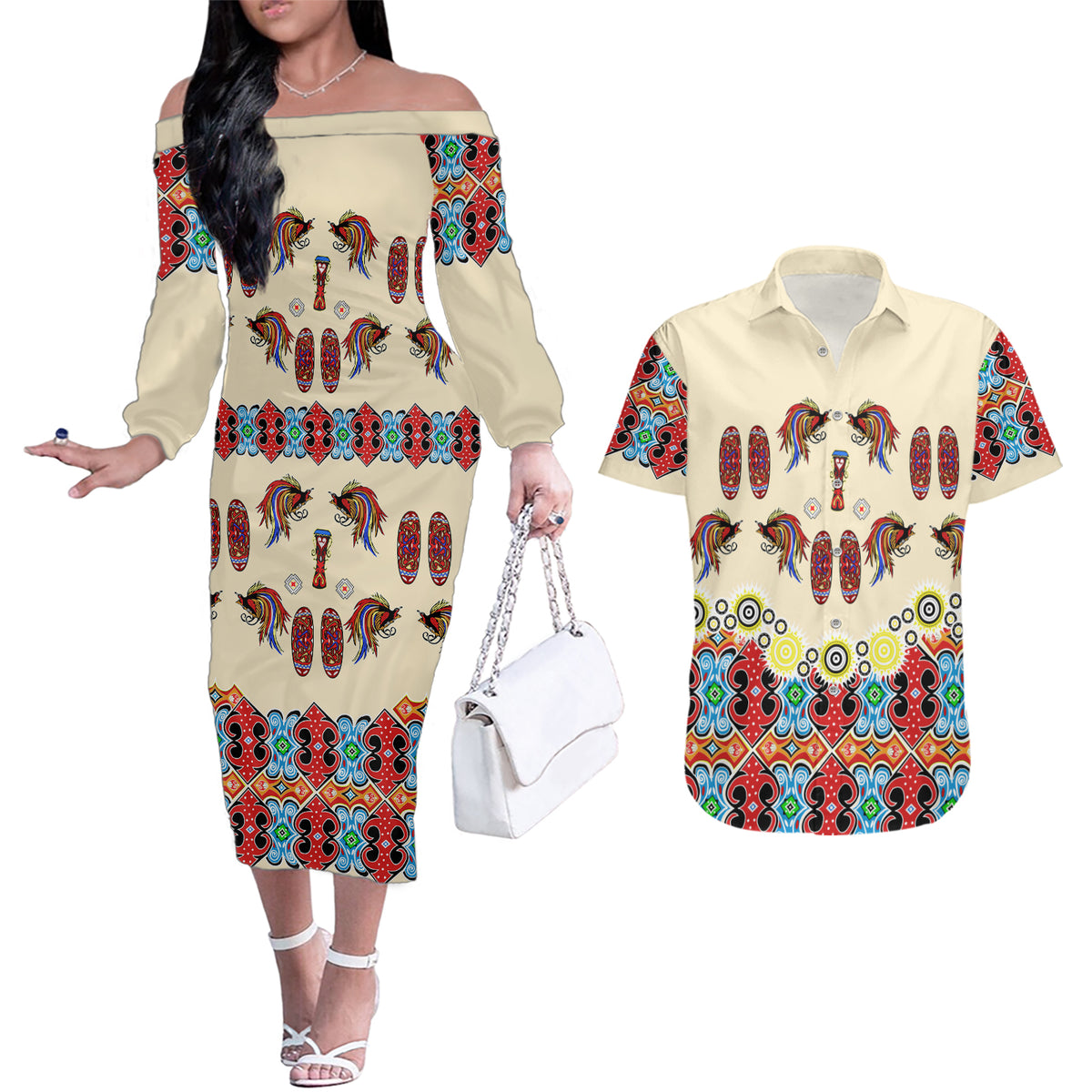 Papua Batik Motif Bird Of Paradise and Native Papuan Shield Couples Matching Off The Shoulder Long Sleeve Dress and Hawaiian Shirt LT9 - Wonder Print Shop