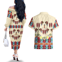 Papua Batik Motif Bird Of Paradise and Native Papuan Shield Couples Matching Off The Shoulder Long Sleeve Dress and Hawaiian Shirt LT9 - Wonder Print Shop