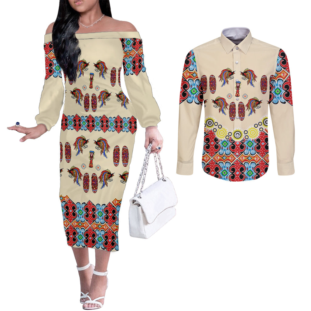 papua-batik-motif-bird-of-paradise-and-native-papuan-shield-couples-matching-off-the-shoulder-long-sleeve-dress-and-long-sleeve-button-shirt