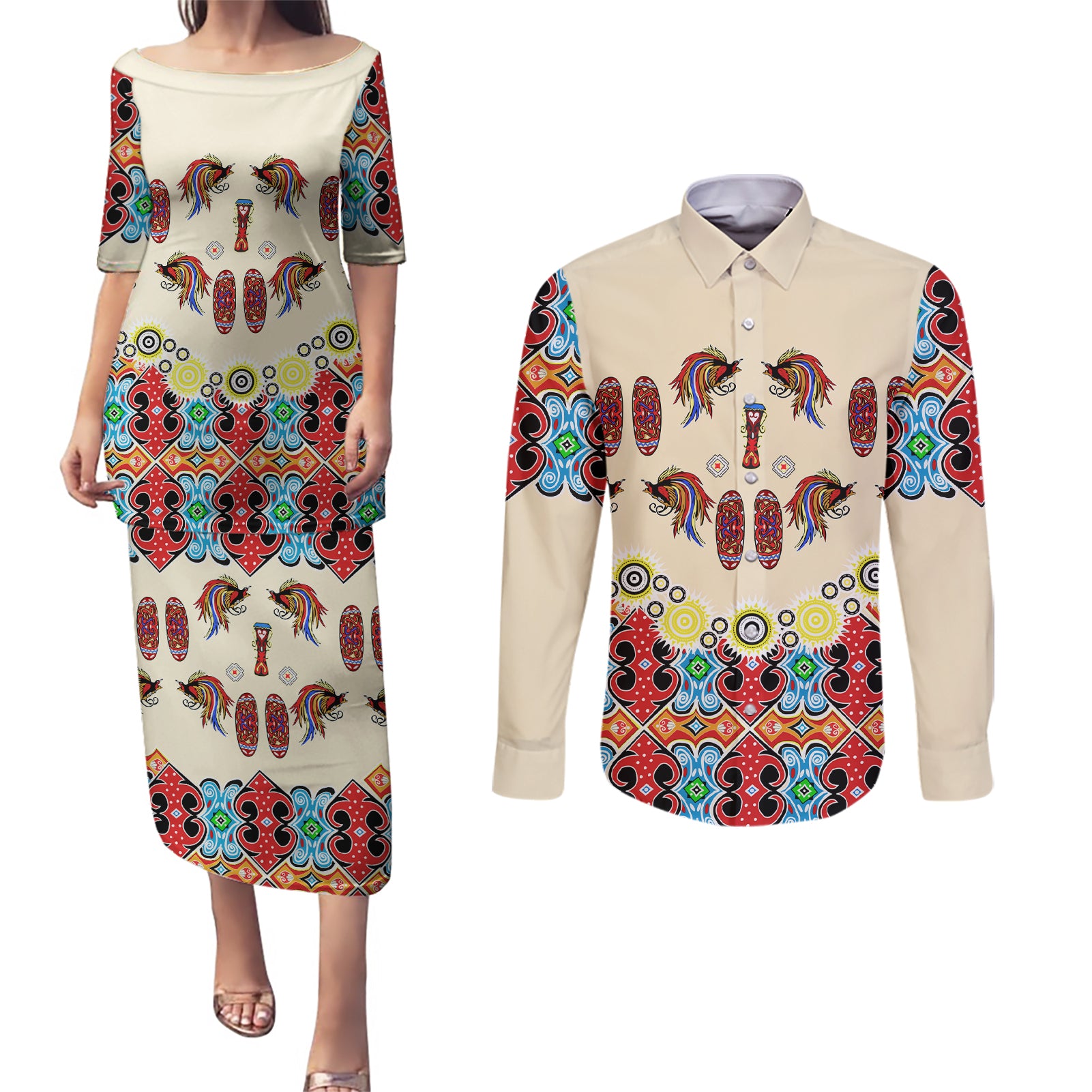 Papua Batik Motif Bird Of Paradise and Native Papuan Shield Couples Matching Puletasi Dress and Long Sleeve Button Shirt LT9 - Wonder Print Shop
