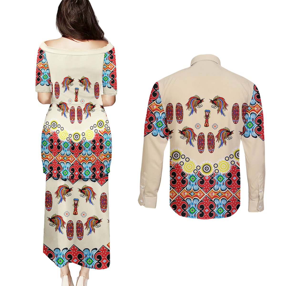 Papua Batik Motif Bird Of Paradise and Native Papuan Shield Couples Matching Puletasi Dress and Long Sleeve Button Shirt LT9 - Wonder Print Shop