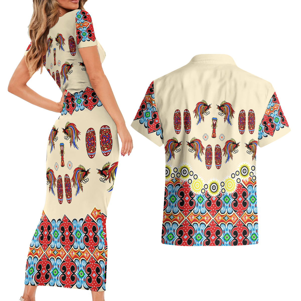 Papua Batik Motif Bird Of Paradise and Native Papuan Shield Couples Matching Short Sleeve Bodycon Dress and Hawaiian Shirt LT9 - Wonder Print Shop