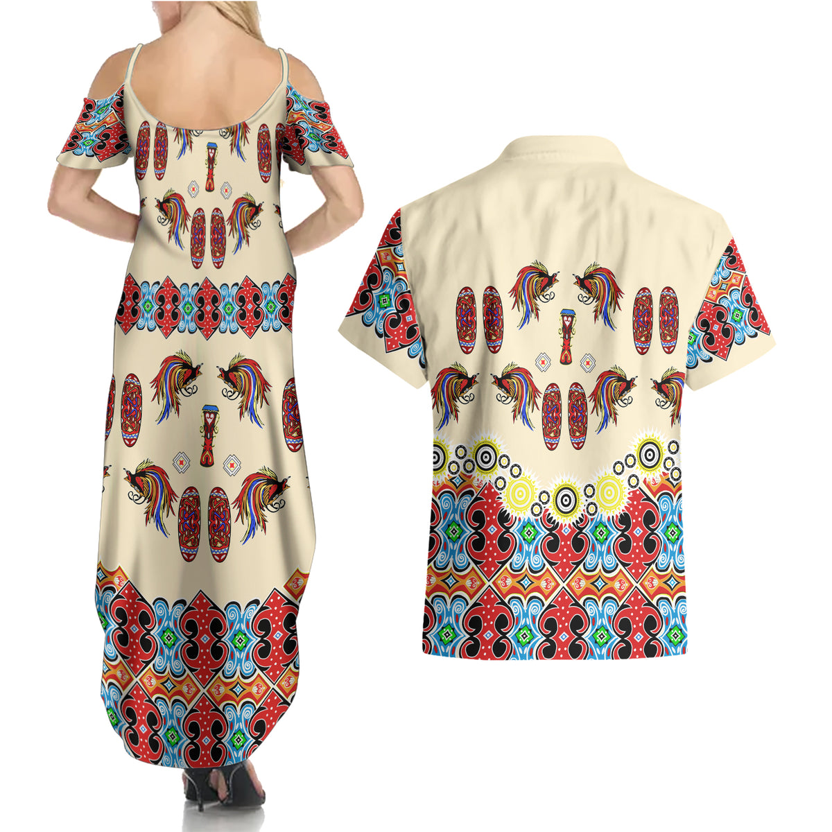 Papua Batik Motif Bird Of Paradise and Native Papuan Shield Couples Matching Summer Maxi Dress and Hawaiian Shirt LT9 - Wonder Print Shop