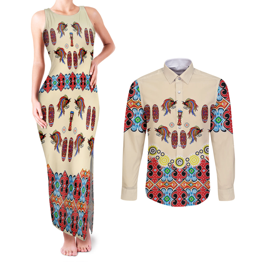 Papua Batik Motif Bird Of Paradise and Native Papuan Shield Couples Matching Tank Maxi Dress and Long Sleeve Button Shirt LT9 - Wonder Print Shop