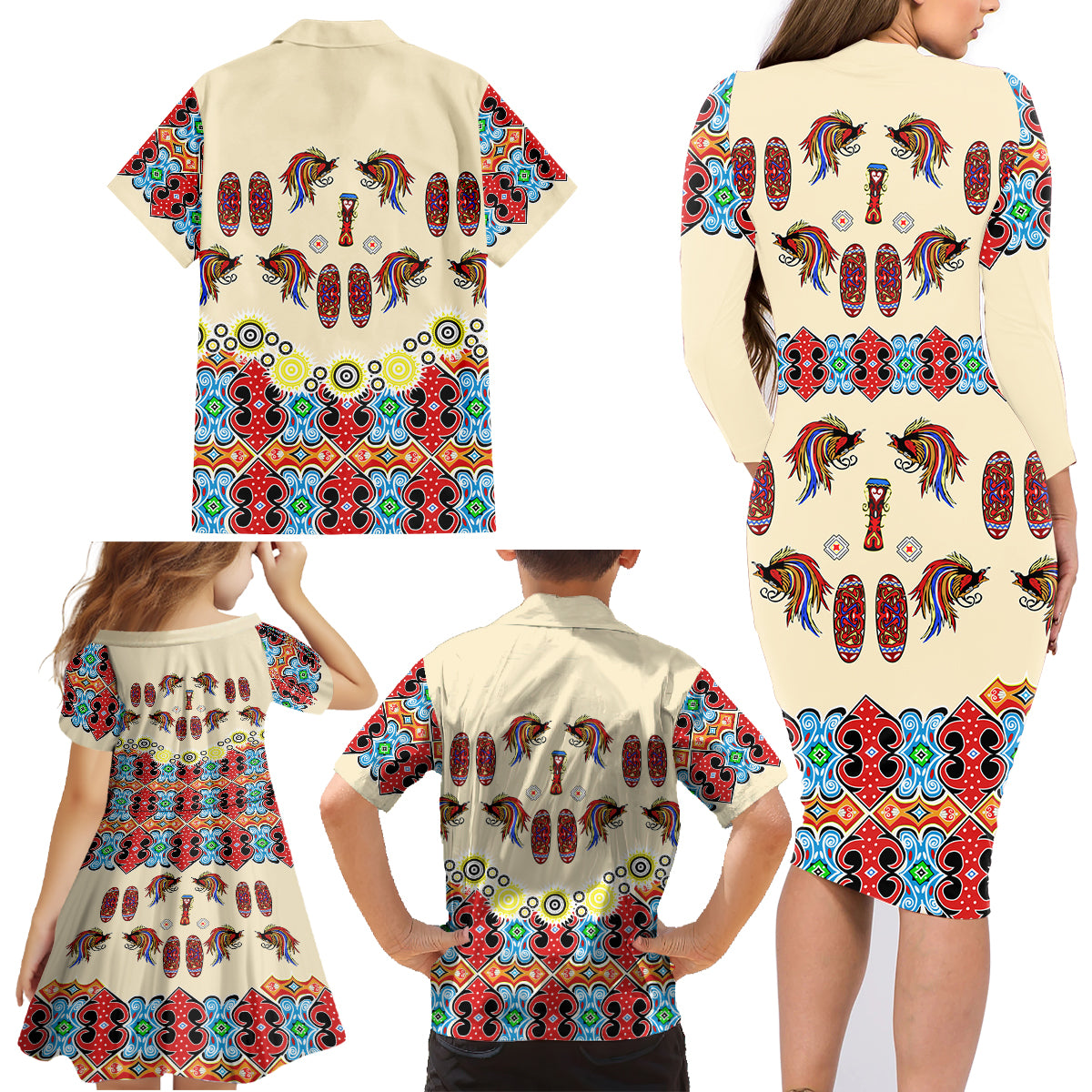 Papua Batik Motif Bird Of Paradise and Native Papuan Shield Family Matching Long Sleeve Bodycon Dress and Hawaiian Shirt LT9 - Wonder Print Shop