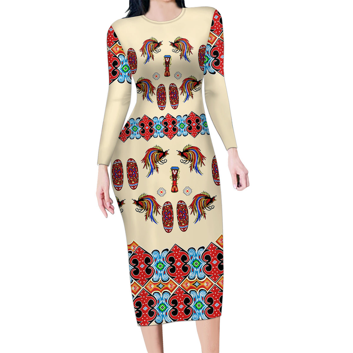 Papua Batik Motif Bird Of Paradise and Native Papuan Shield Family Matching Long Sleeve Bodycon Dress and Hawaiian Shirt LT9 - Wonder Print Shop