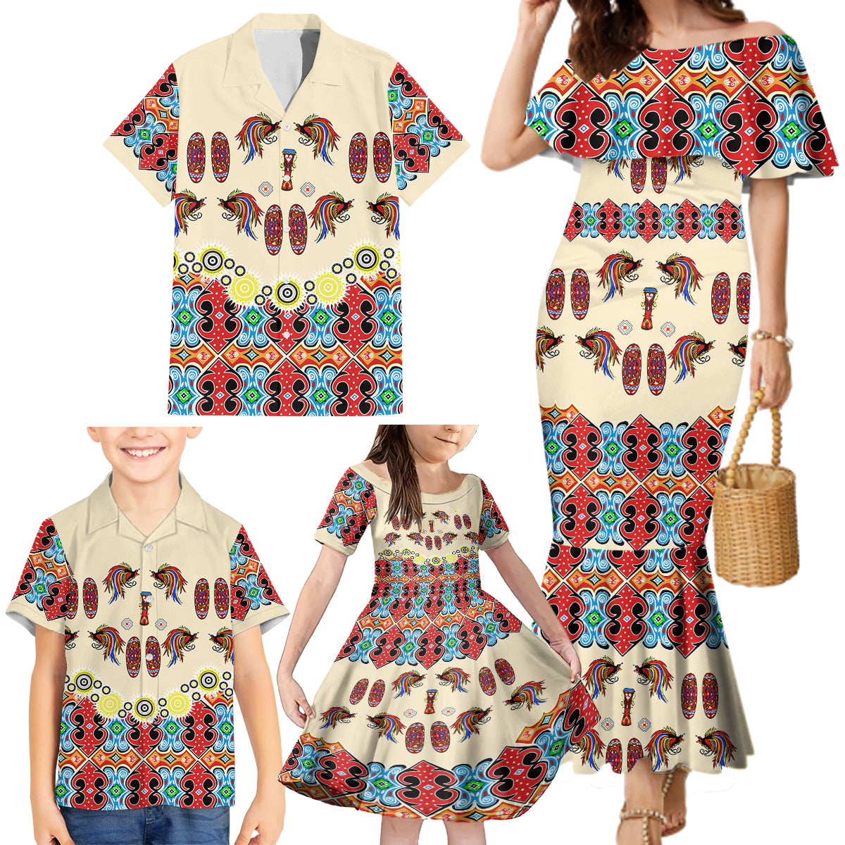 Papua Batik Motif Bird Of Paradise and Native Papuan Shield Family Matching Mermaid Dress and Hawaiian Shirt LT9 - Wonder Print Shop