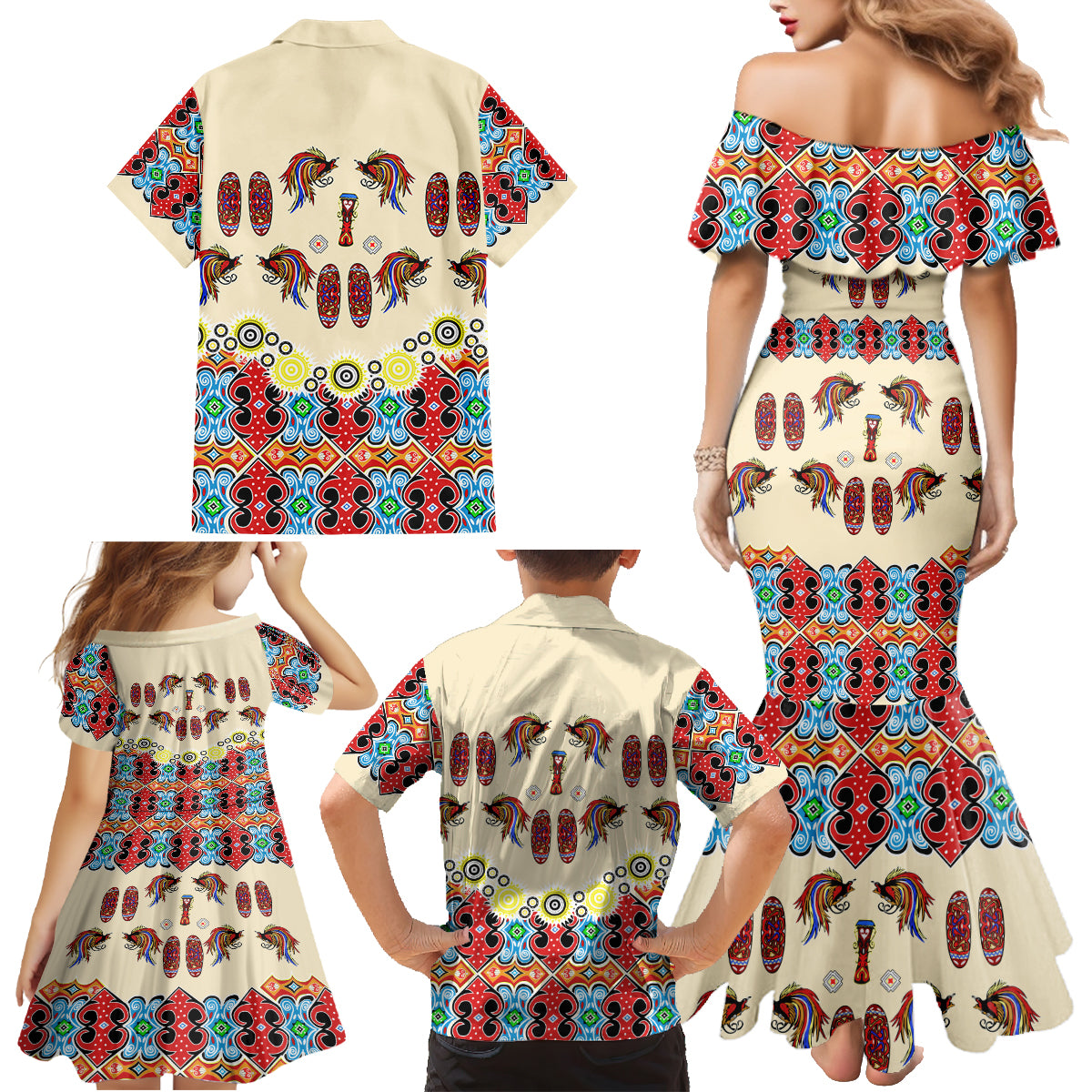 Papua Batik Motif Bird Of Paradise and Native Papuan Shield Family Matching Mermaid Dress and Hawaiian Shirt LT9 - Wonder Print Shop