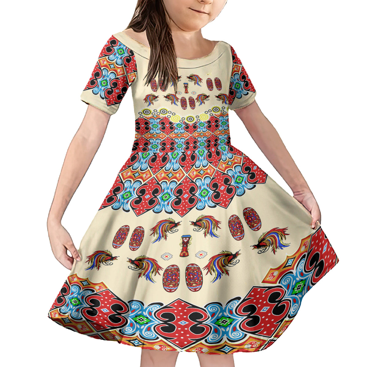 Papua Batik Motif Bird Of Paradise and Native Papuan Shield Family Matching Off Shoulder Long Sleeve Dress and Hawaiian Shirt - Wonder Print Shop