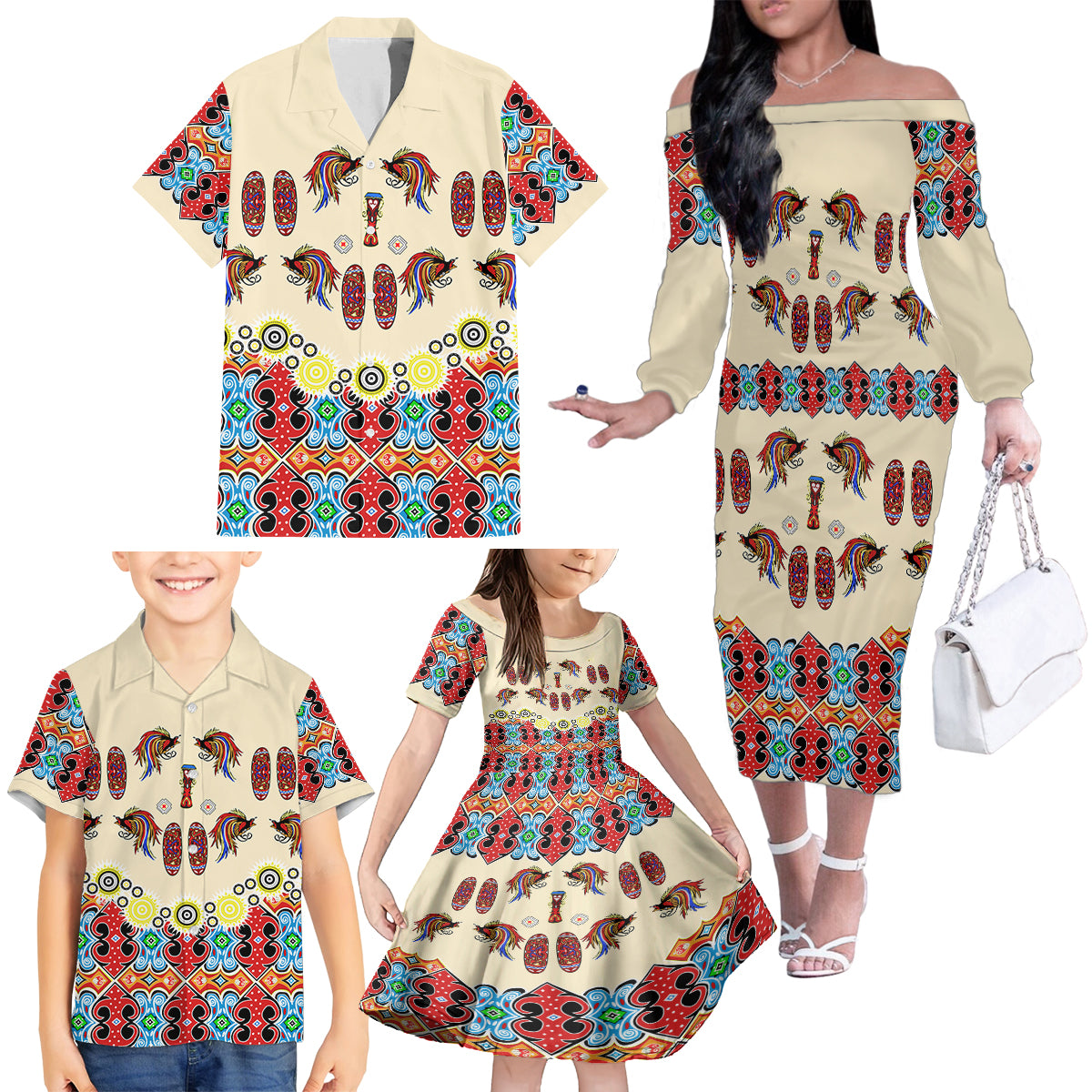 Papua Batik Motif Bird Of Paradise and Native Papuan Shield Family Matching Off Shoulder Long Sleeve Dress and Hawaiian Shirt - Wonder Print Shop