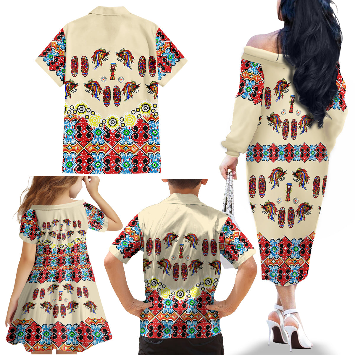 Papua Batik Motif Bird Of Paradise and Native Papuan Shield Family Matching Off Shoulder Long Sleeve Dress and Hawaiian Shirt - Wonder Print Shop
