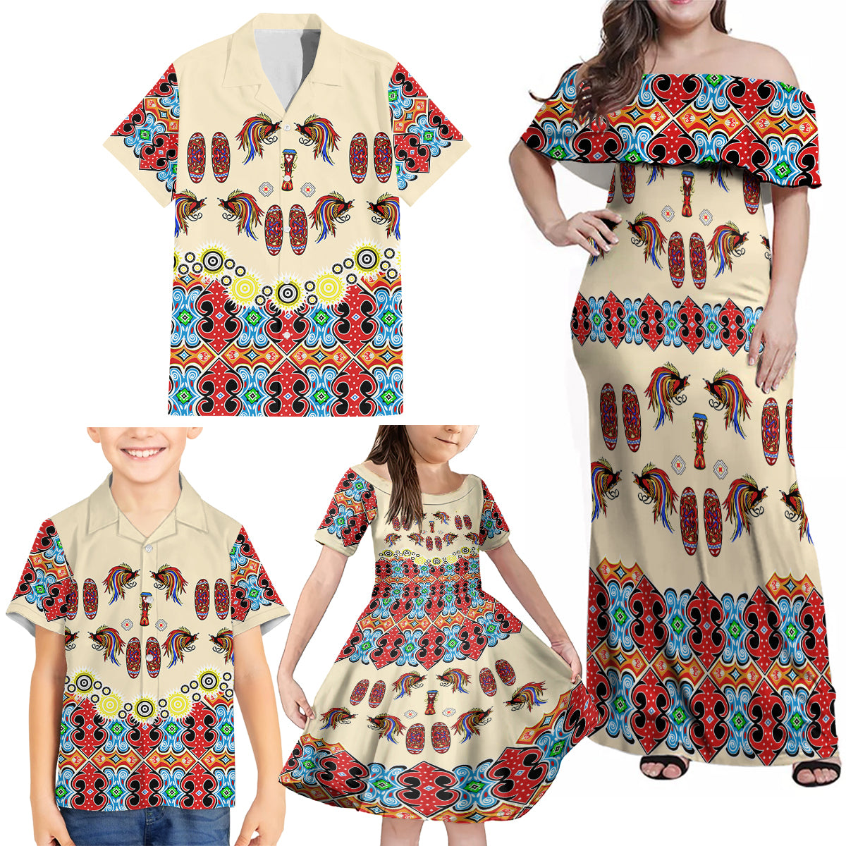 Papua Batik Motif Bird Of Paradise and Native Papuan Shield Family Matching Off Shoulder Maxi Dress and Hawaiian Shirt LT9 - Wonder Print Shop
