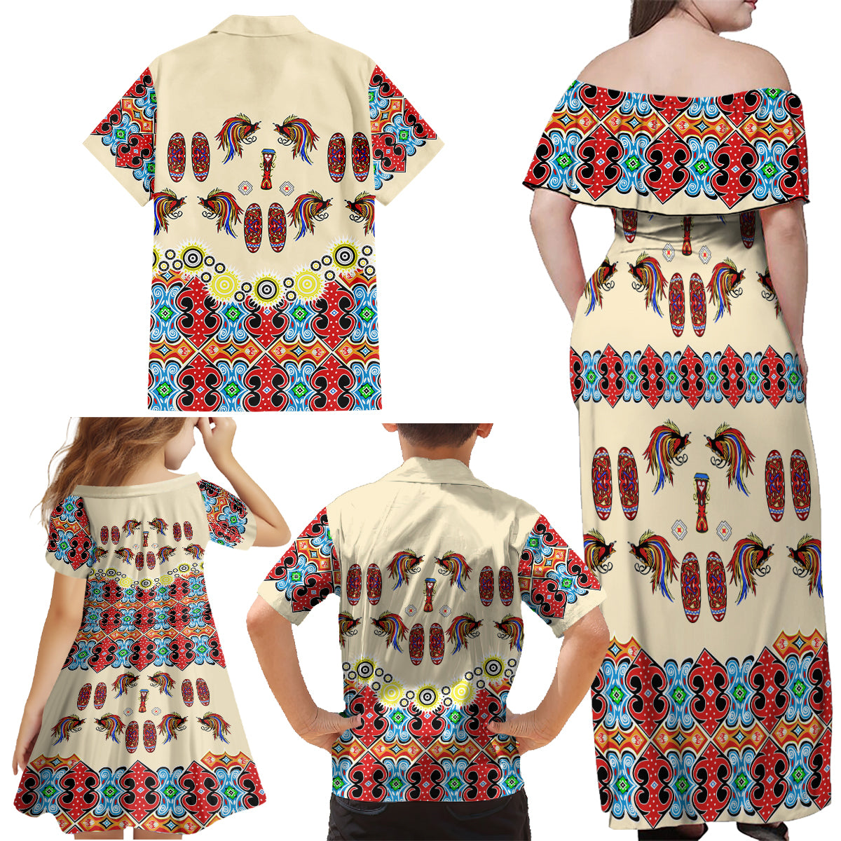Papua Batik Motif Bird Of Paradise and Native Papuan Shield Family Matching Off Shoulder Maxi Dress and Hawaiian Shirt LT9 - Wonder Print Shop