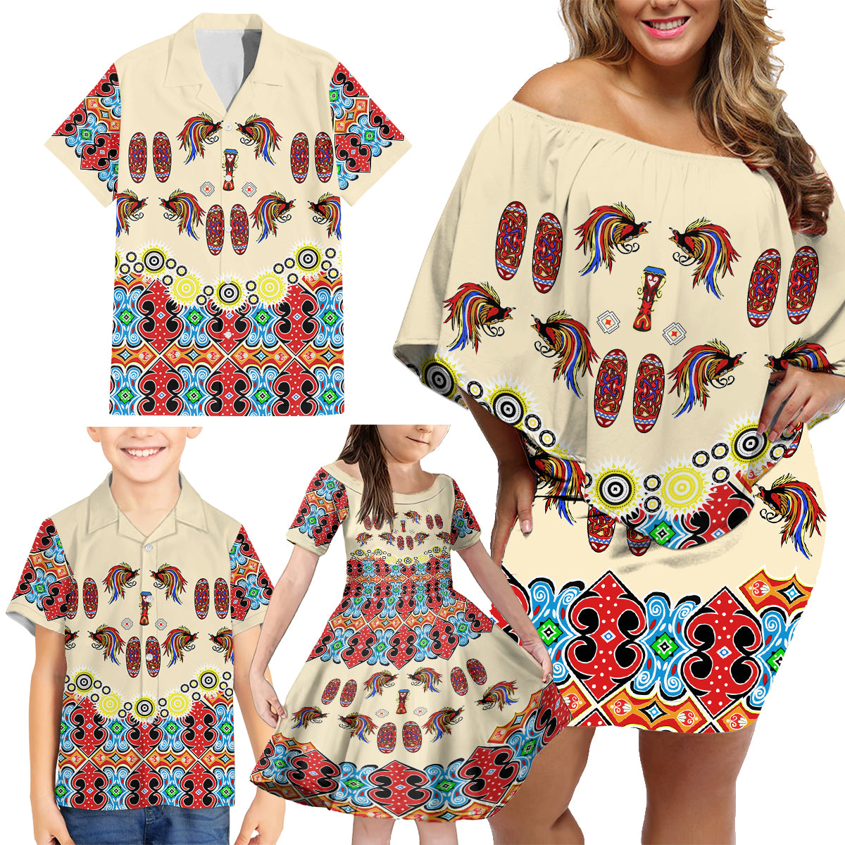 Papua Batik Motif Bird Of Paradise and Native Papuan Shield Family Matching Off Shoulder Short Dress and Hawaiian Shirt LT9 - Wonder Print Shop