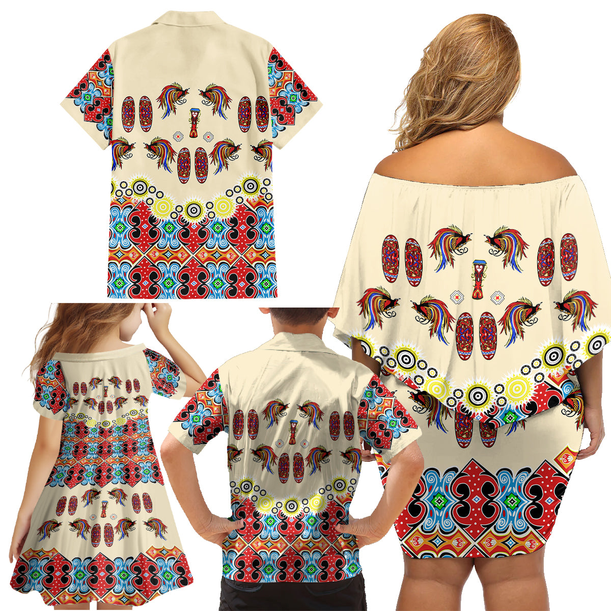 Papua Batik Motif Bird Of Paradise and Native Papuan Shield Family Matching Off Shoulder Short Dress and Hawaiian Shirt LT9 - Wonder Print Shop