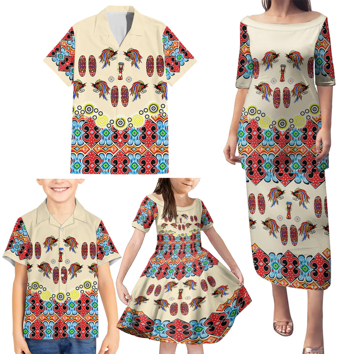 Papua Batik Motif Bird Of Paradise and Native Papuan Shield Family Matching Puletasi Dress and Hawaiian Shirt - Wonder Print Shop
