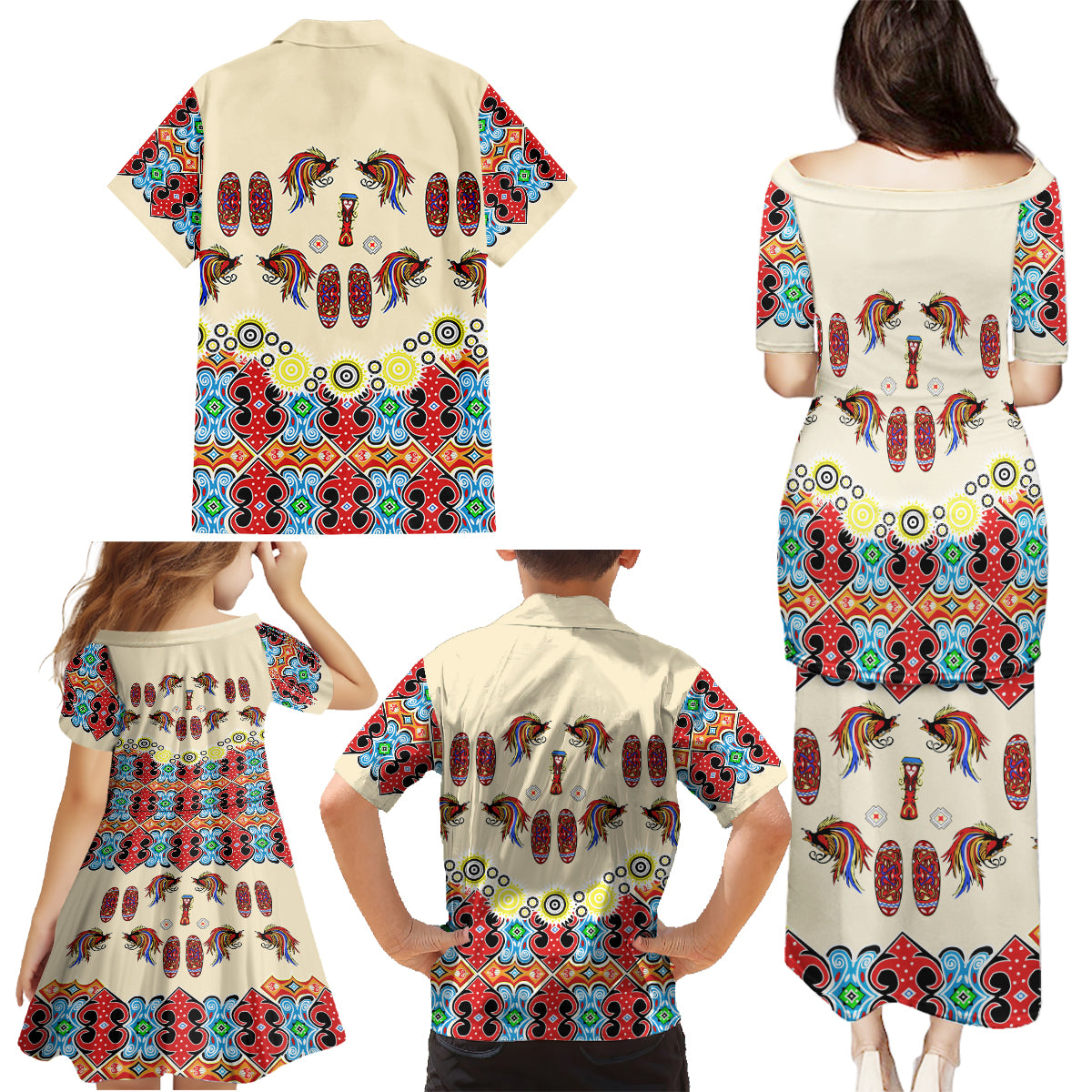 Papua Batik Motif Bird Of Paradise and Native Papuan Shield Family Matching Puletasi Dress and Hawaiian Shirt - Wonder Print Shop