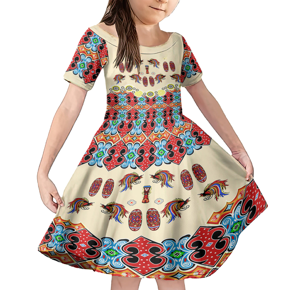 Papua Batik Motif Bird Of Paradise and Native Papuan Shield Family Matching Short Sleeve Bodycon Dress and Hawaiian Shirt - Wonder Print Shop