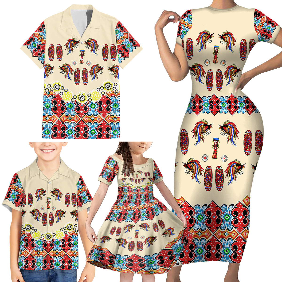 Papua Batik Motif Bird Of Paradise and Native Papuan Shield Family Matching Short Sleeve Bodycon Dress and Hawaiian Shirt - Wonder Print Shop