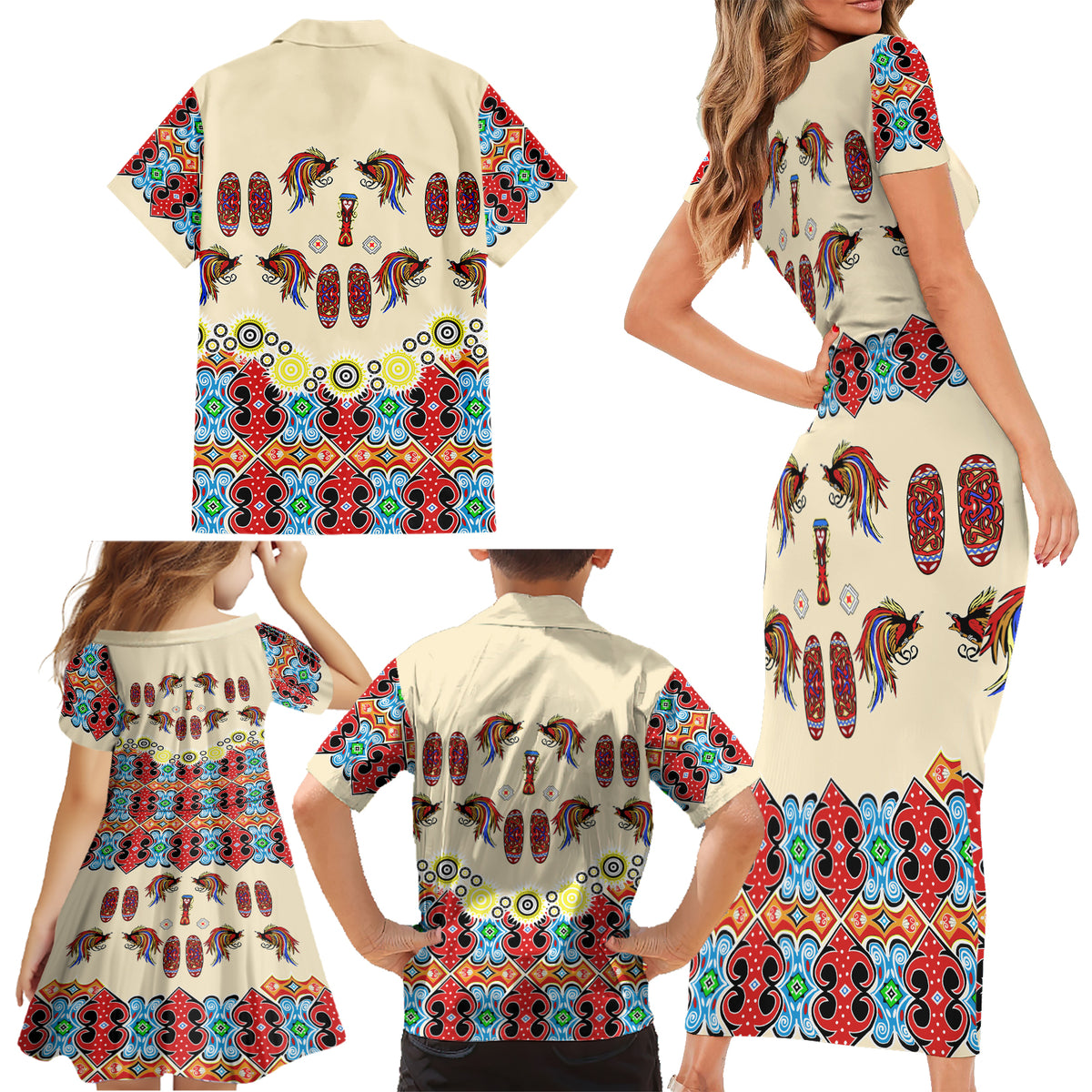 Papua Batik Motif Bird Of Paradise and Native Papuan Shield Family Matching Short Sleeve Bodycon Dress and Hawaiian Shirt - Wonder Print Shop