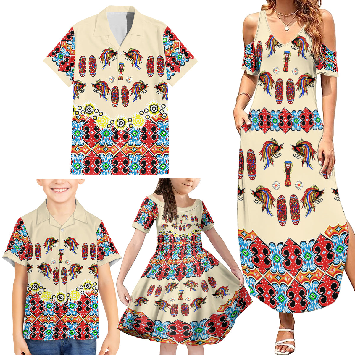Papua Batik Motif Bird Of Paradise and Native Papuan Shield Family Matching Summer Maxi Dress and Hawaiian Shirt - Wonder Print Shop