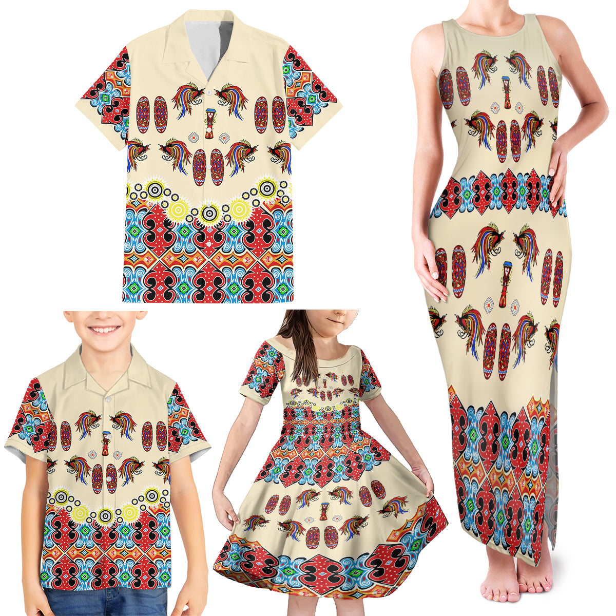 Papua Batik Motif Bird Of Paradise and Native Papuan Shield Family Matching Tank Maxi Dress and Hawaiian Shirt - Wonder Print Shop