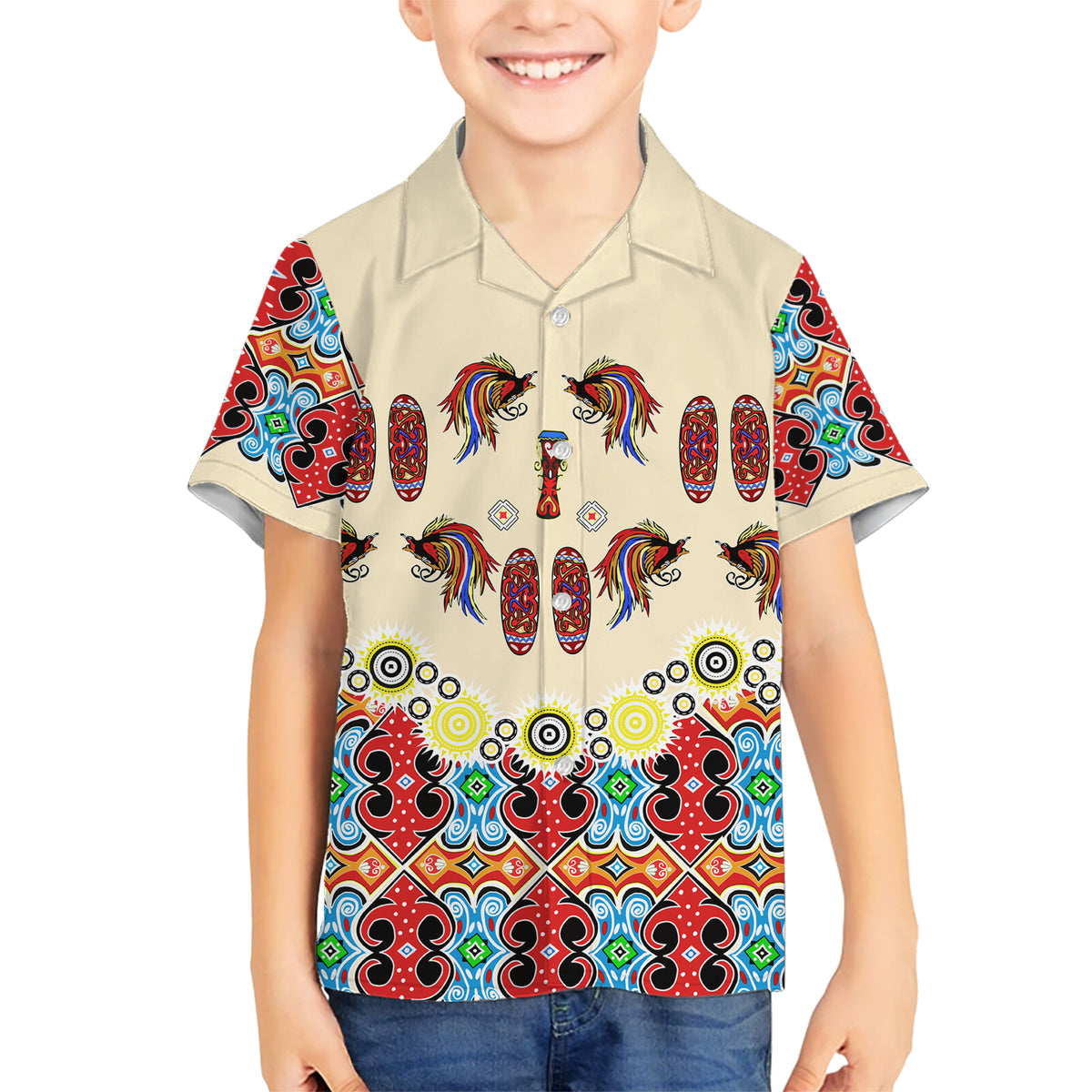 Papua Batik Motif Bird Of Paradise and Native Papuan Shield Kid Hawaiian Shirt - Wonder Print Shop