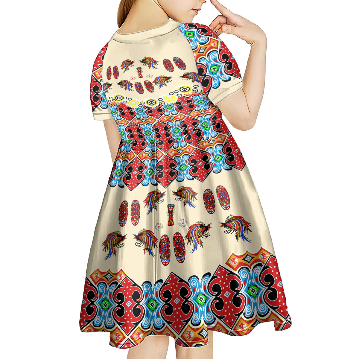 Papua Batik Motif Bird Of Paradise and Native Papuan Shield Kid Short Sleeve Dress - Wonder Print Shop