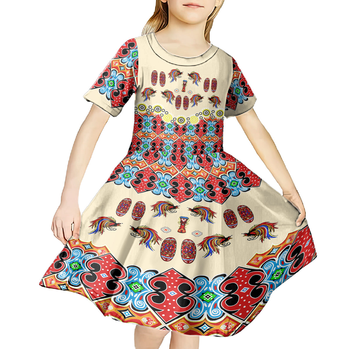 Papua Batik Motif Bird Of Paradise and Native Papuan Shield Kid Short Sleeve Dress - Wonder Print Shop